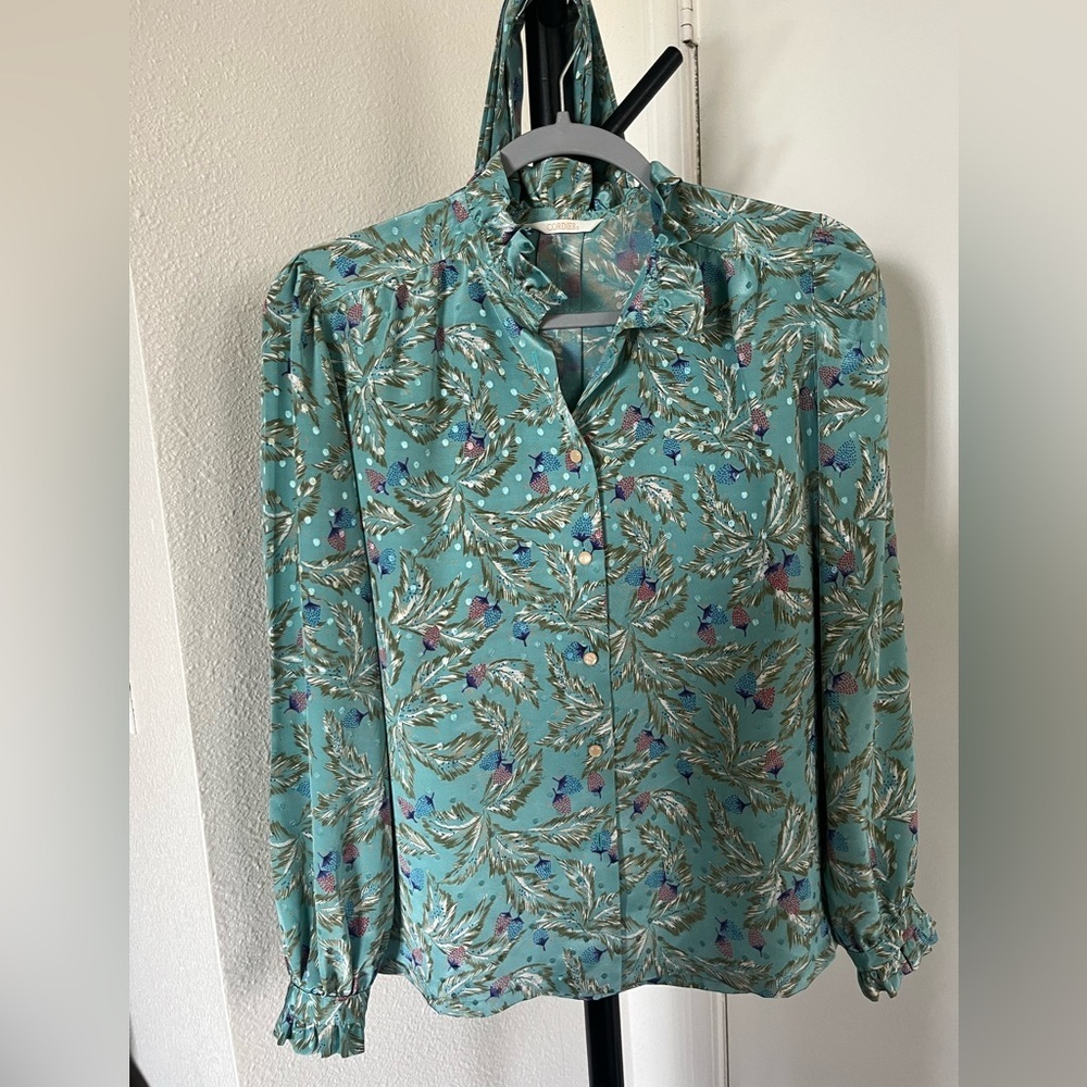 Vintage Floral Ruffled Long Sleeve Blouse with Mandarin Collar
